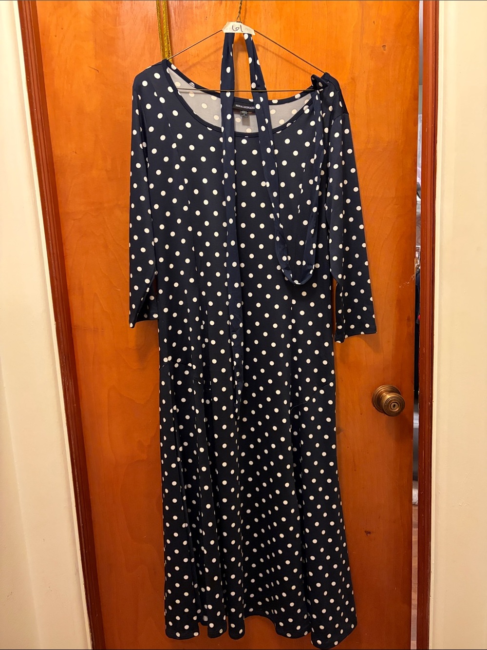 Nina Leonard Navy and White Polka Dot Maxi Dress